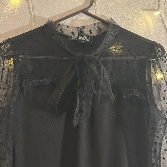 Tie Neck Mesh Sleeve Polka Dot Long Sleeve Top - Picture 3 of 4